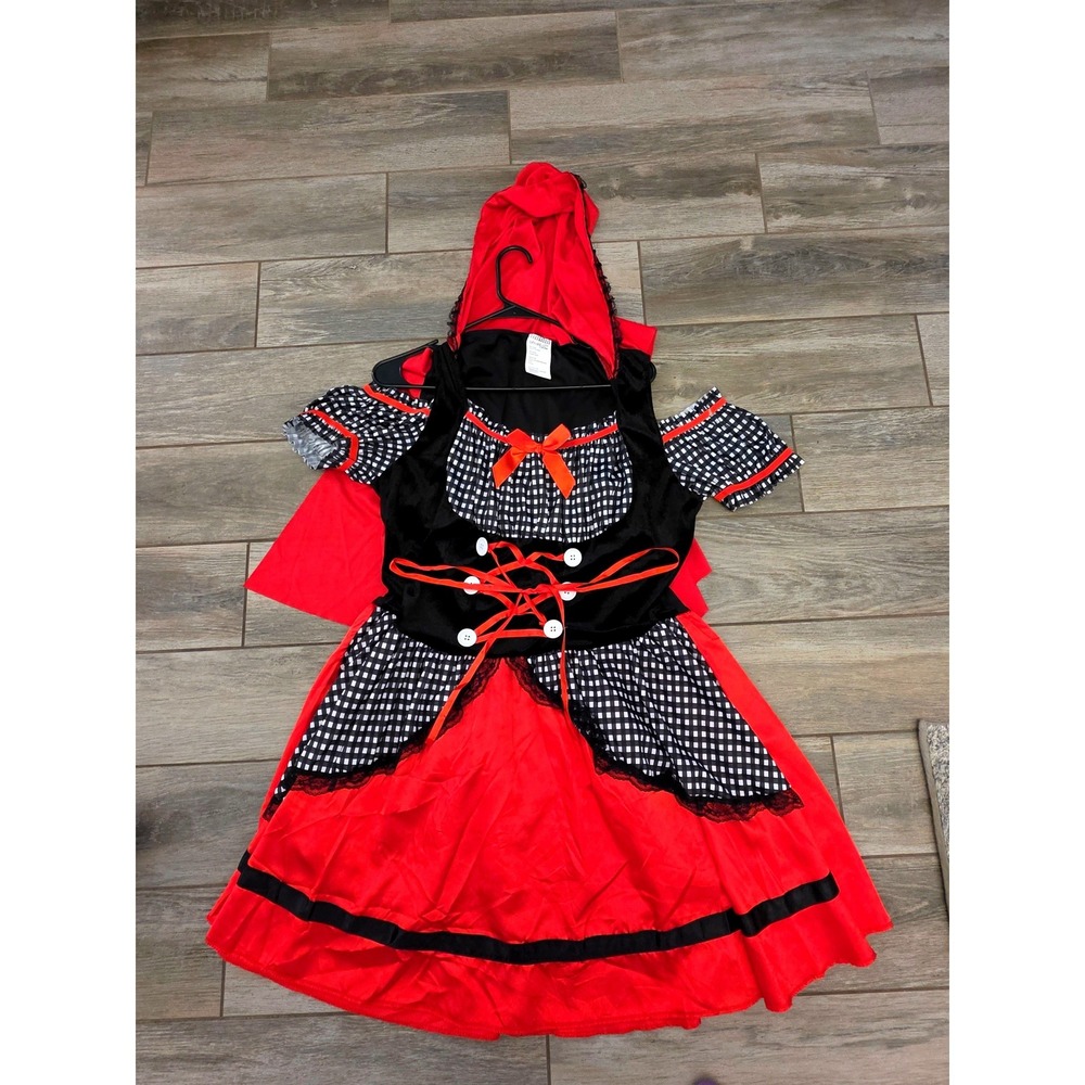 Little Red Riding Hood Costume Dress with Hooded Cape Red Gingham Black Lace L